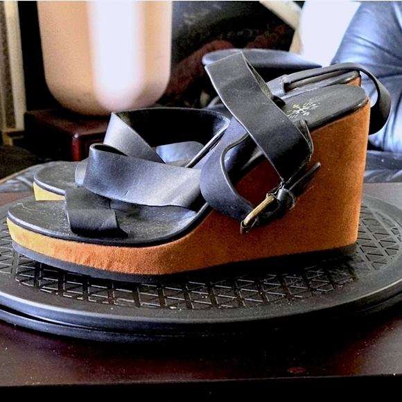 Free People Black Faux Leather Wedge Sandals - Size 6 - Picture 2 of 11